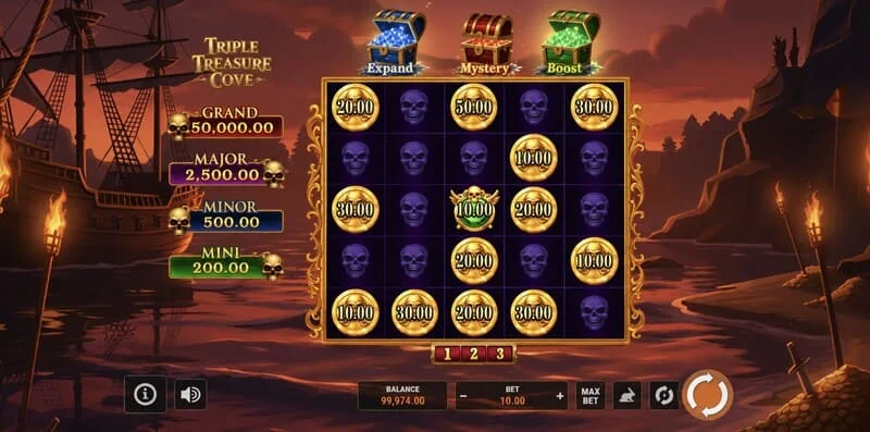 Triple Treasure Cove - galvenais ekrānuzņēmums ar ruļliem un pirātu līci